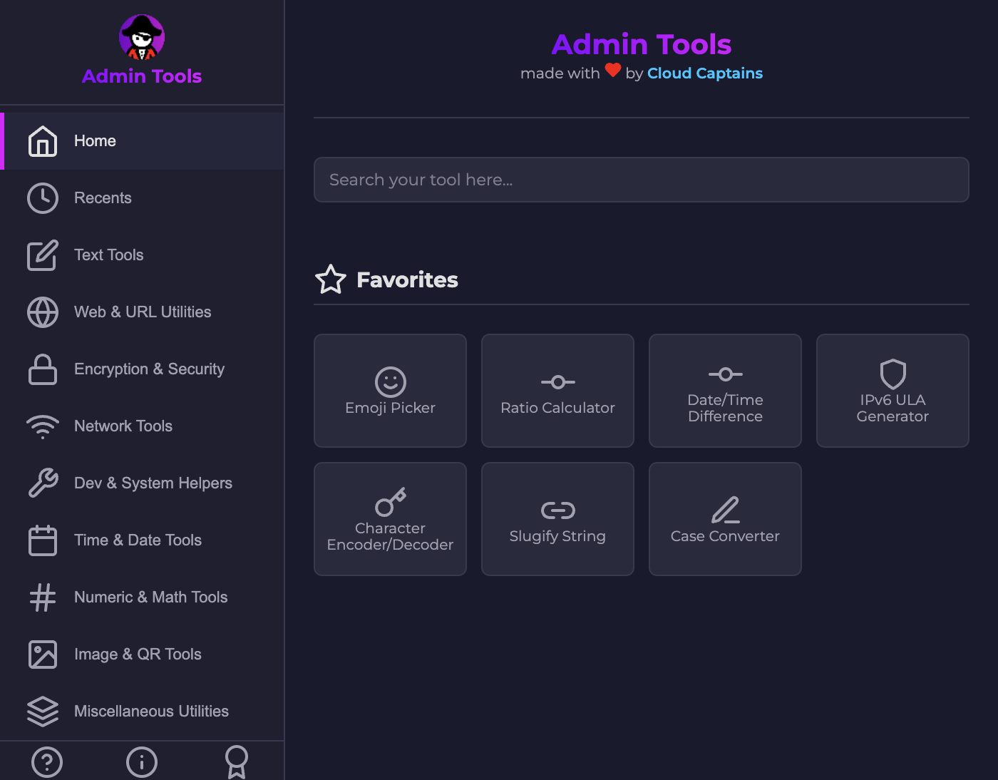 Screenshot of the Admin Tools favorites.