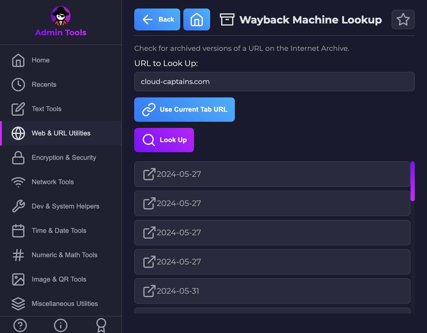 Screenshot of Wayback Machine Lookup utility.