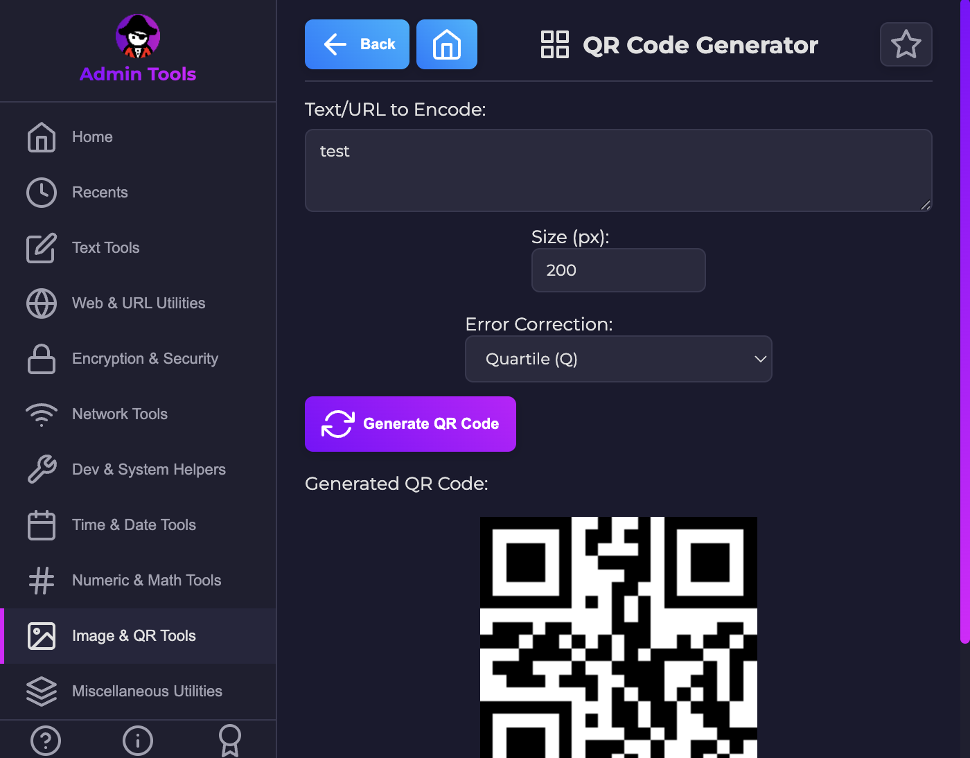 Screenshot of QR code generator.